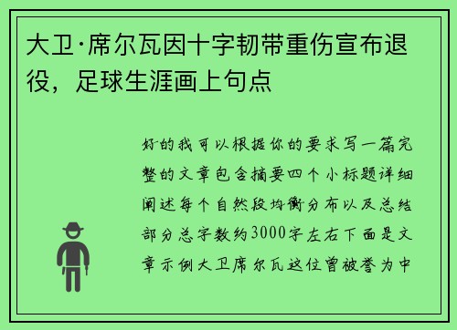 大卫·席尔瓦因十字韧带重伤宣布退役,足球生涯画上句点 大卫·席尔瓦因十字韧带重伤宣布退役,足球生涯画上句点