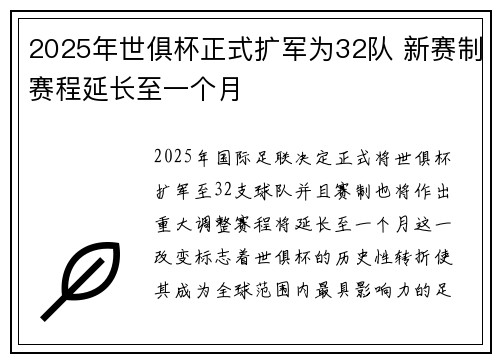 2025年世俱杯正式扩军为32队 新赛制赛程延长至一个月