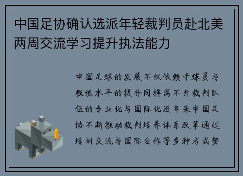 中国足协确认选派年轻裁判员赴北美两周交流学习提升执法能力 中国足协确认选派年轻裁判员赴北美两周交流学习提升执法能力