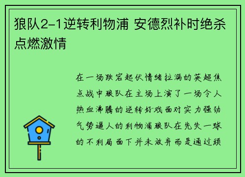 狼队2-1逆转利物浦 安德烈补时绝杀点燃激情