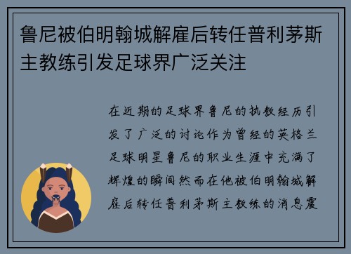 鲁尼被伯明翰城解雇后转任普利茅斯主教练引发足球界广泛关注